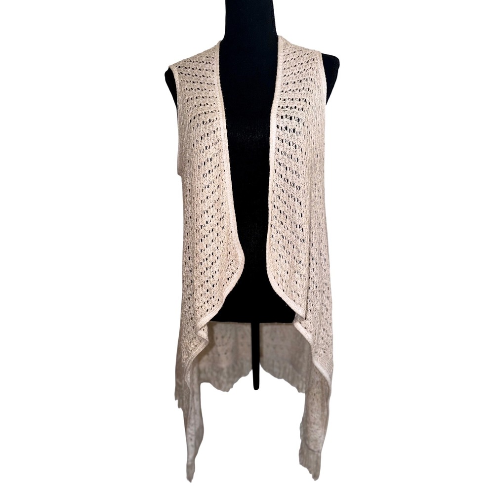 Boho Crochet Open Front Knit Vest Large Cream Fringe Hippie Festival Ethereal